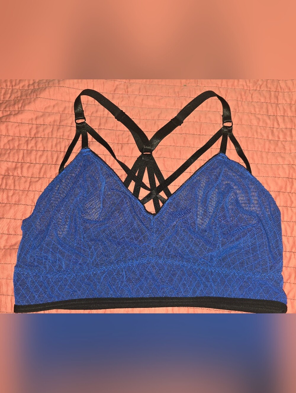 EUC Torrid Longline Blue Diamond Black Trim Mesh Strappy Bralette Size 1
